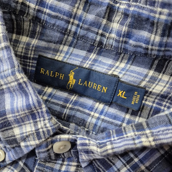 Polo Ralph Lauren Linen Shirt Men XL Button Down Blue Plaid Coastal Beach Camp - Picture 3 of 8